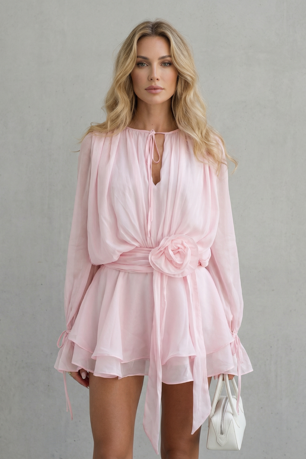 Rosalind | Mini Dress Pink Chiffon Long Sleeve Rose Detail for Women