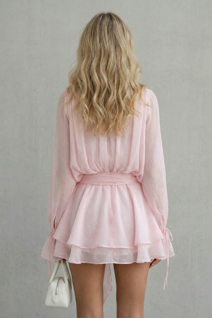 Rosalind | Mini Dress Pink Chiffon Long Sleeve Rose Detail for Women
