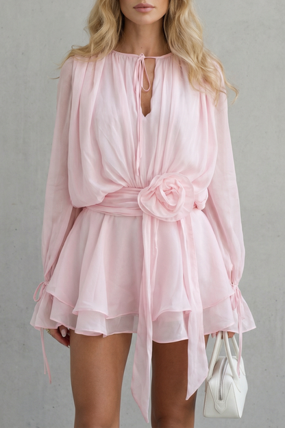 Rosalind | Mini Dress Pink Chiffon Long Sleeve Rose Detail for Women