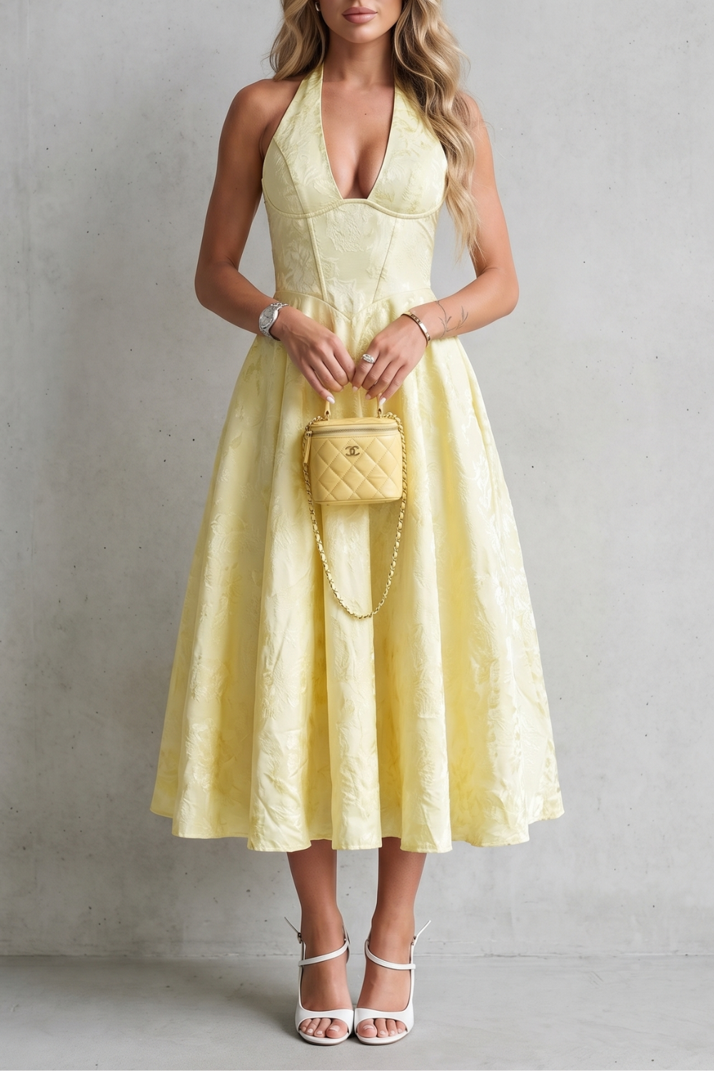 Rosalune | Midi Dress Yellow Jacquard Halter A-Line for Women