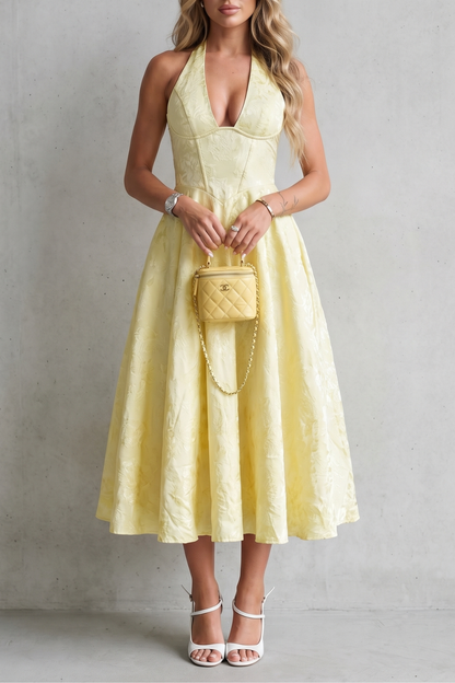 Rosalune | Midi Dress Yellow Jacquard Halter A-Line for Women