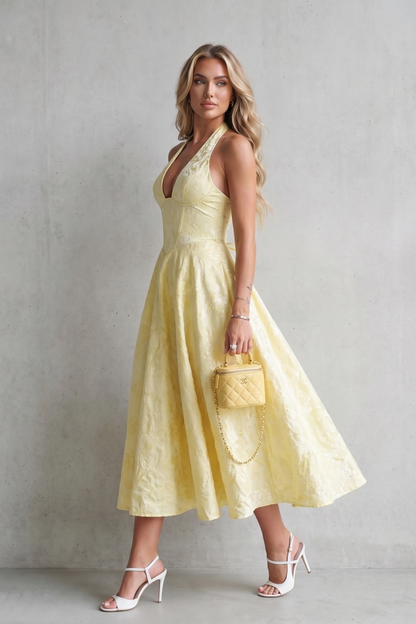 Rosalune | Midi Dress Yellow Jacquard Halter A-Line for Women