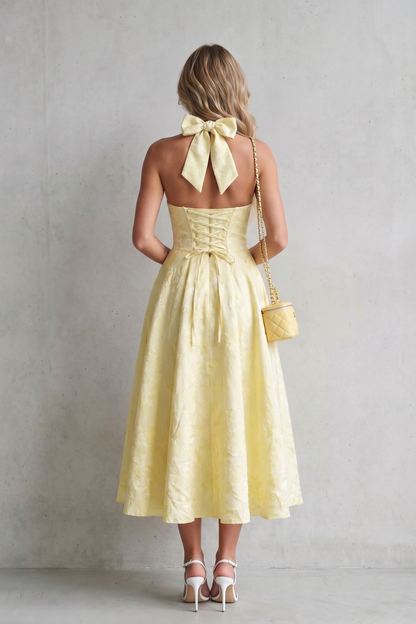 Rosalune | Midi Dress Yellow Jacquard Halter A-Line for Women