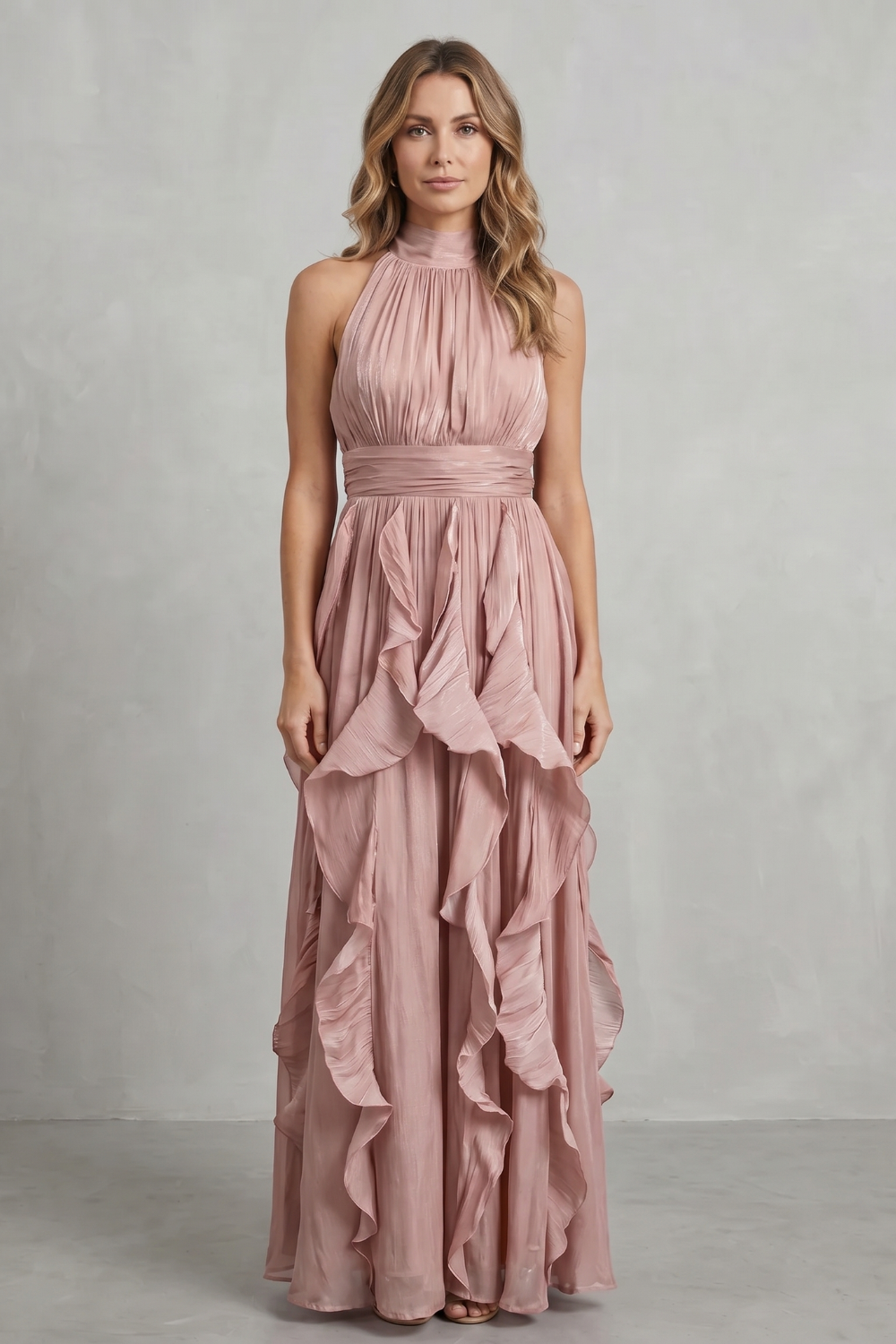 Rosalind | Maxi Dress Blush Pink Chiffon Halter Neck Ruffle for Women