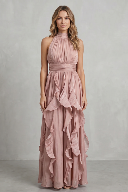 Rosalind | Maxi Dress Blush Pink Chiffon Halter Neck Ruffle for Women