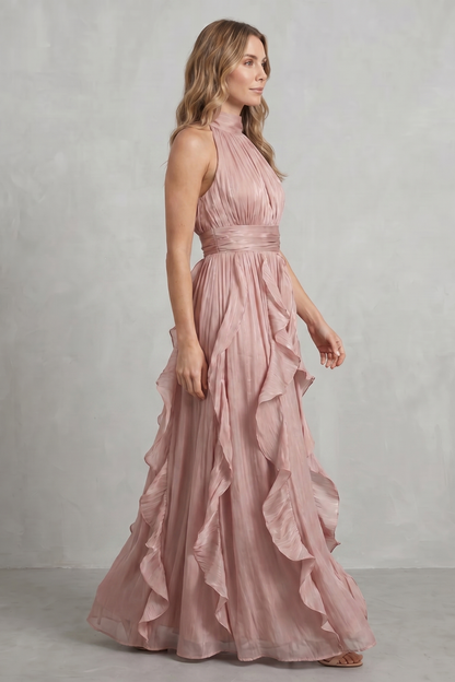 Rosalind | Maxi Dress Blush Pink Chiffon Halter Neck Ruffle for Women