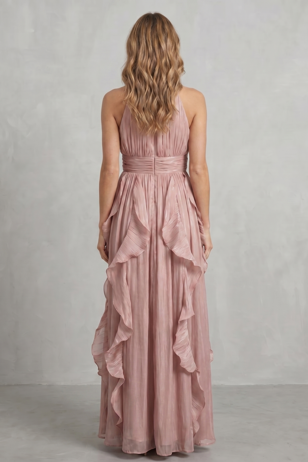 Rosalind | Maxi Dress Blush Pink Chiffon Halter Neck Ruffle for Women