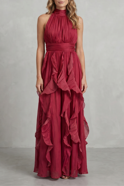 Rosalind | Maxi Dress Blush Pink Chiffon Halter Neck Ruffle for Women