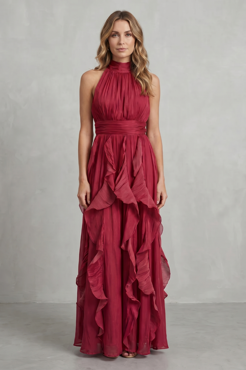 Rosalind | Maxi Dress Blush Pink Chiffon Halter Neck Ruffle for Women