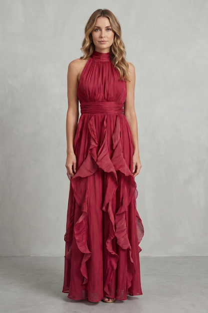 Rosalind | Maxi Dress Blush Pink Chiffon Halter Neck Ruffle for Women