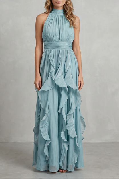 Rosalind | Maxi Dress Blush Pink Chiffon Halter Neck Ruffle for Women