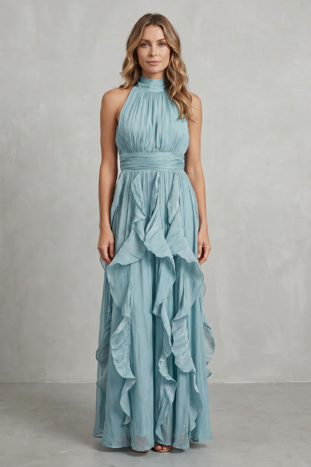 Rosalind | Maxi Dress Blush Pink Chiffon Halter Neck Ruffle for Women