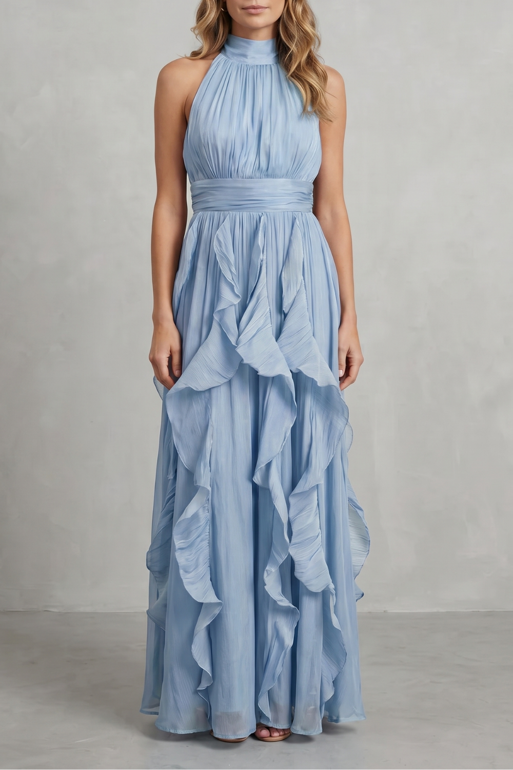 Rosalind | Maxi Dress Blush Pink Chiffon Halter Neck Ruffle for Women