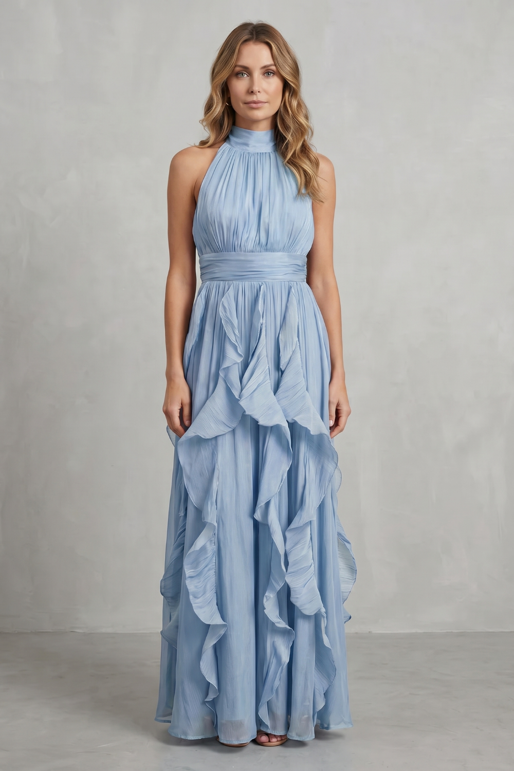 Rosalind | Maxi Dress Blush Pink Chiffon Halter Neck Ruffle for Women