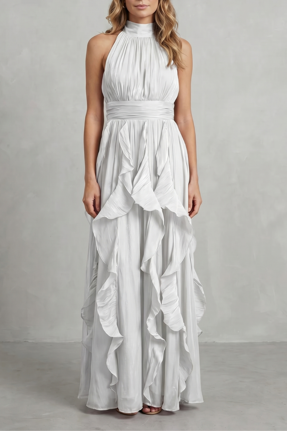 Rosalind | Maxi Dress Blush Pink Chiffon Halter Neck Ruffle for Women