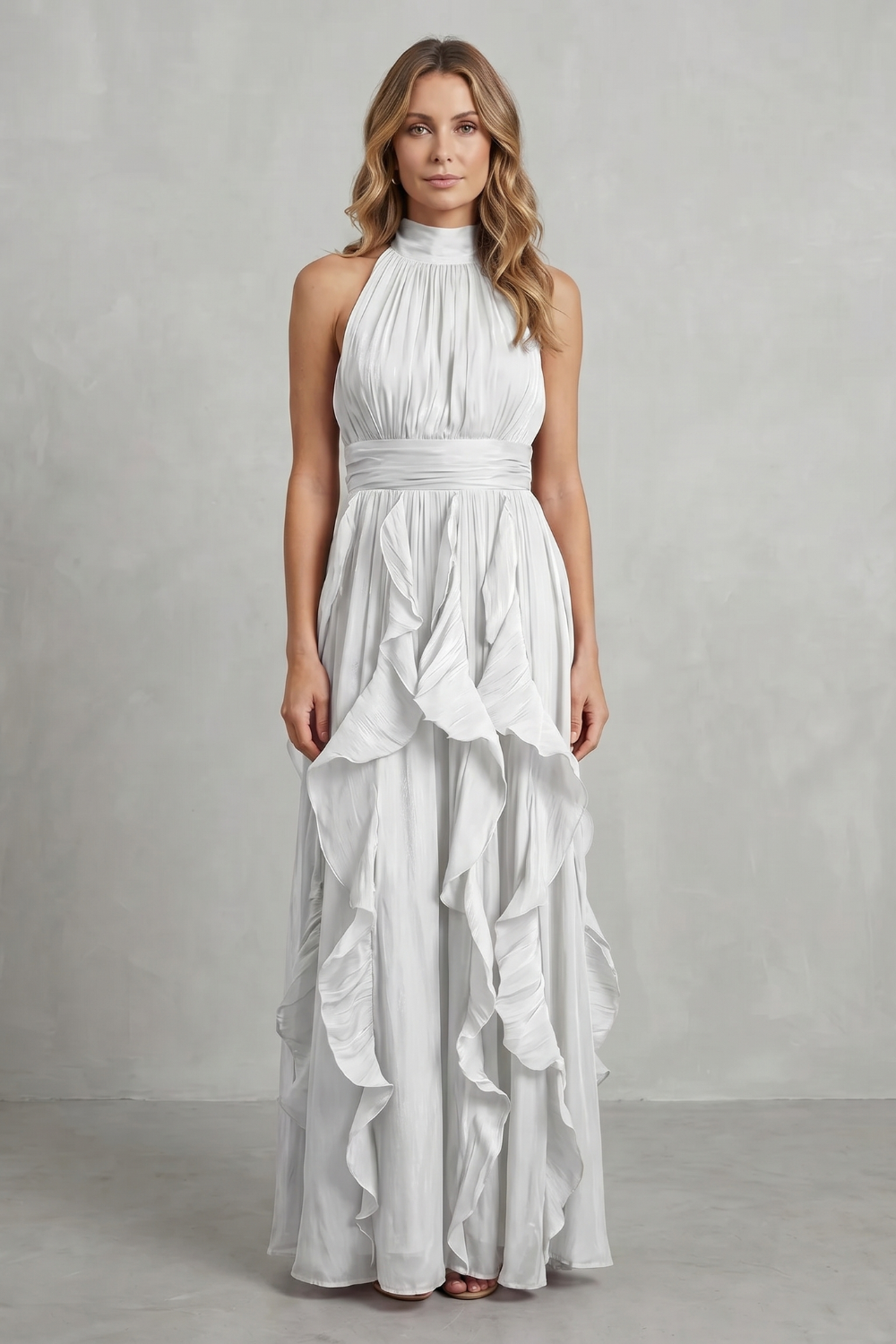 Rosalind | Maxi Dress Blush Pink Chiffon Halter Neck Ruffle for Women