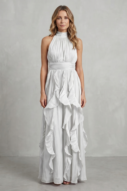 Rosalind | Maxi Dress Blush Pink Chiffon Halter Neck Ruffle for Women