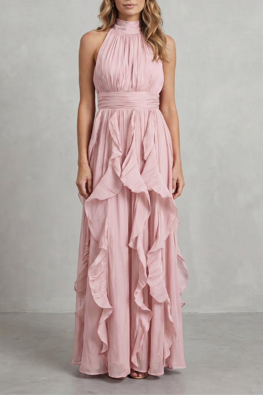 Rosalind | Maxi Dress Blush Pink Chiffon Halter Neck Ruffle for Women