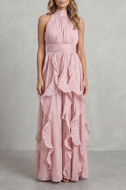 Rosalind | Maxi Dress Blush Pink Chiffon Halter Neck Ruffle for Women