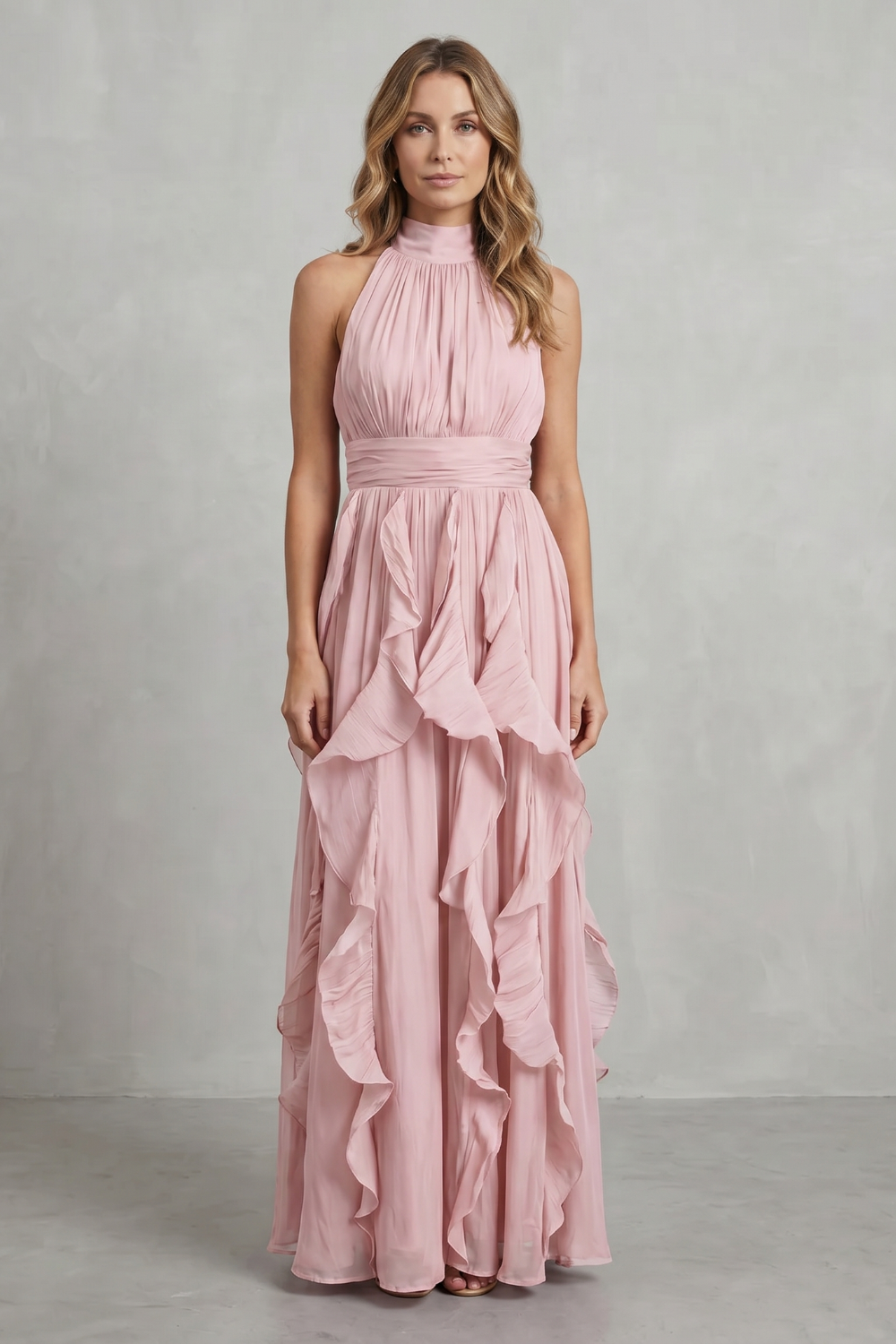 Rosalind | Maxi Dress Blush Pink Chiffon Halter Neck Ruffle for Women