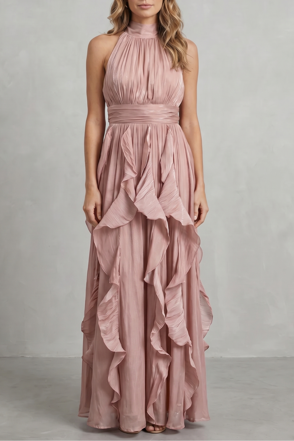 Rosalind | Maxi Dress Blush Pink Chiffon Halter Neck Ruffle for Women