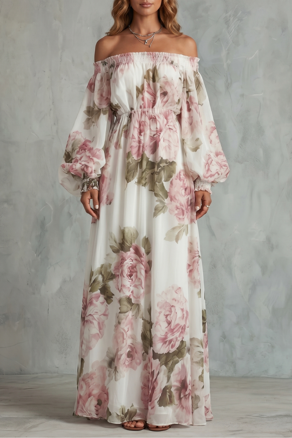 Perdita | Maxi Dress White Pink Floral Chiffon Off-Shoulder for Women