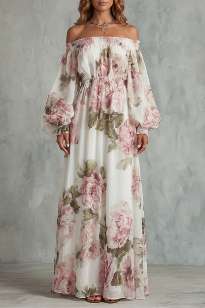 Perdita | Maxi Dress White Pink Floral Chiffon Off-Shoulder for Women