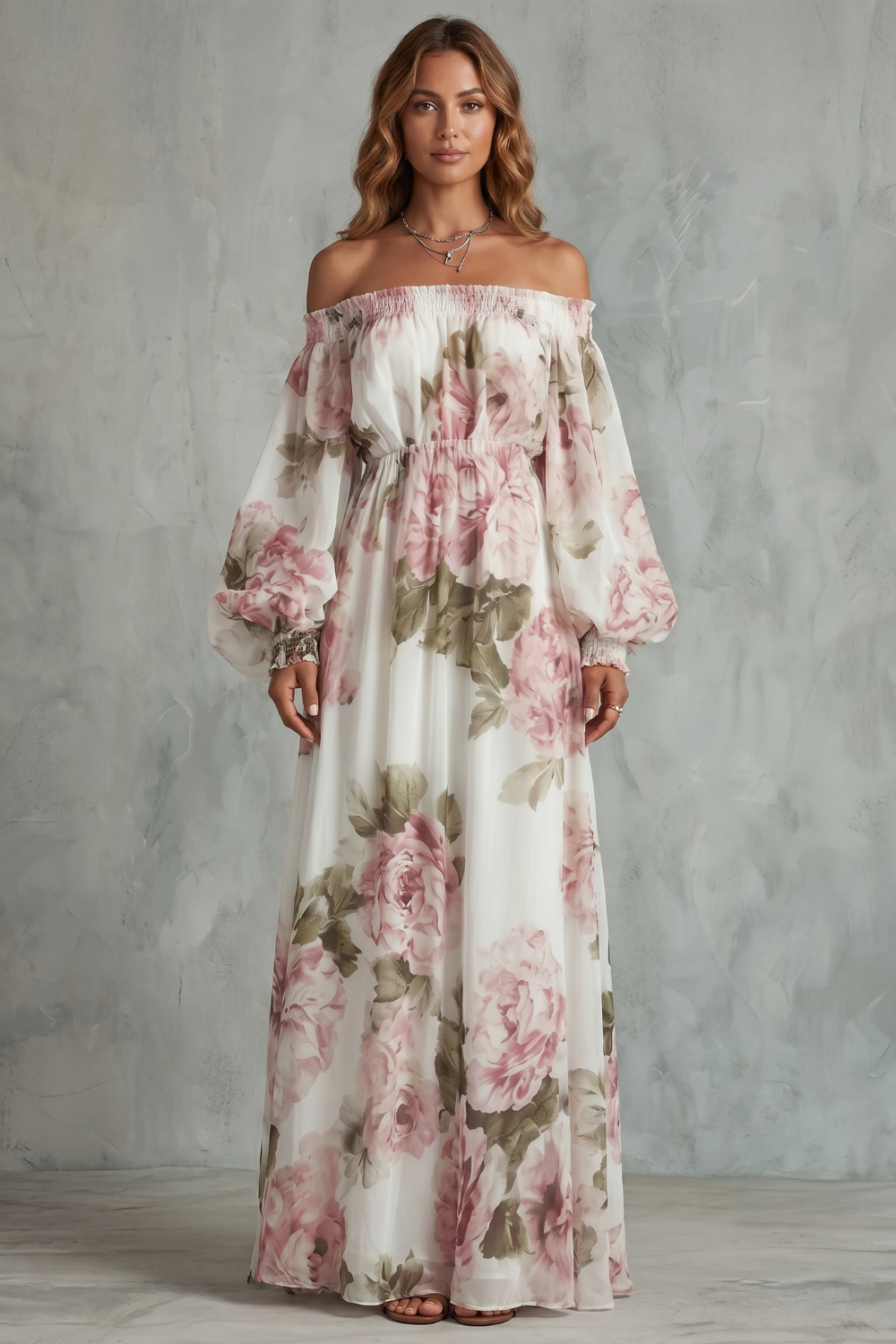 Perdita | Maxi Dress White Pink Floral Chiffon Off-Shoulder for Women