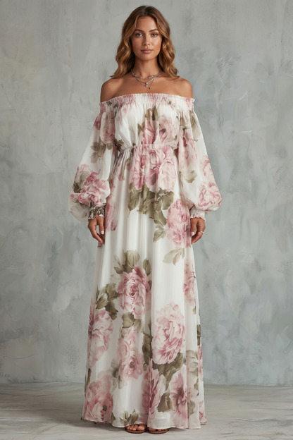 Perdita | Maxi Dress White Pink Floral Chiffon Off-Shoulder for Women