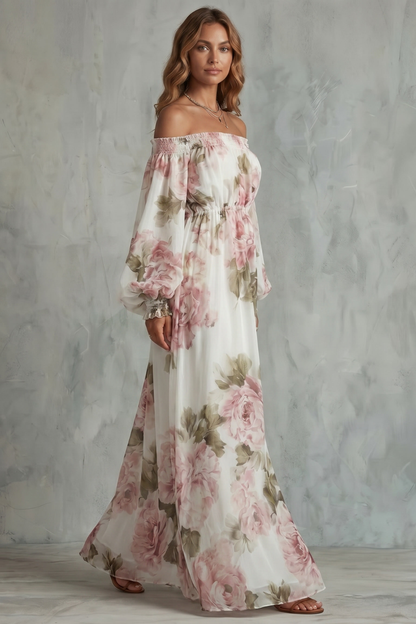 Perdita | Maxi Dress White Pink Floral Chiffon Off-Shoulder for Women