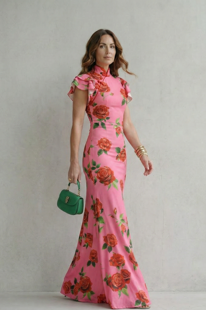 Portia | Maxi Dress Pink Rose Floral Print Mandarin Collar for Women