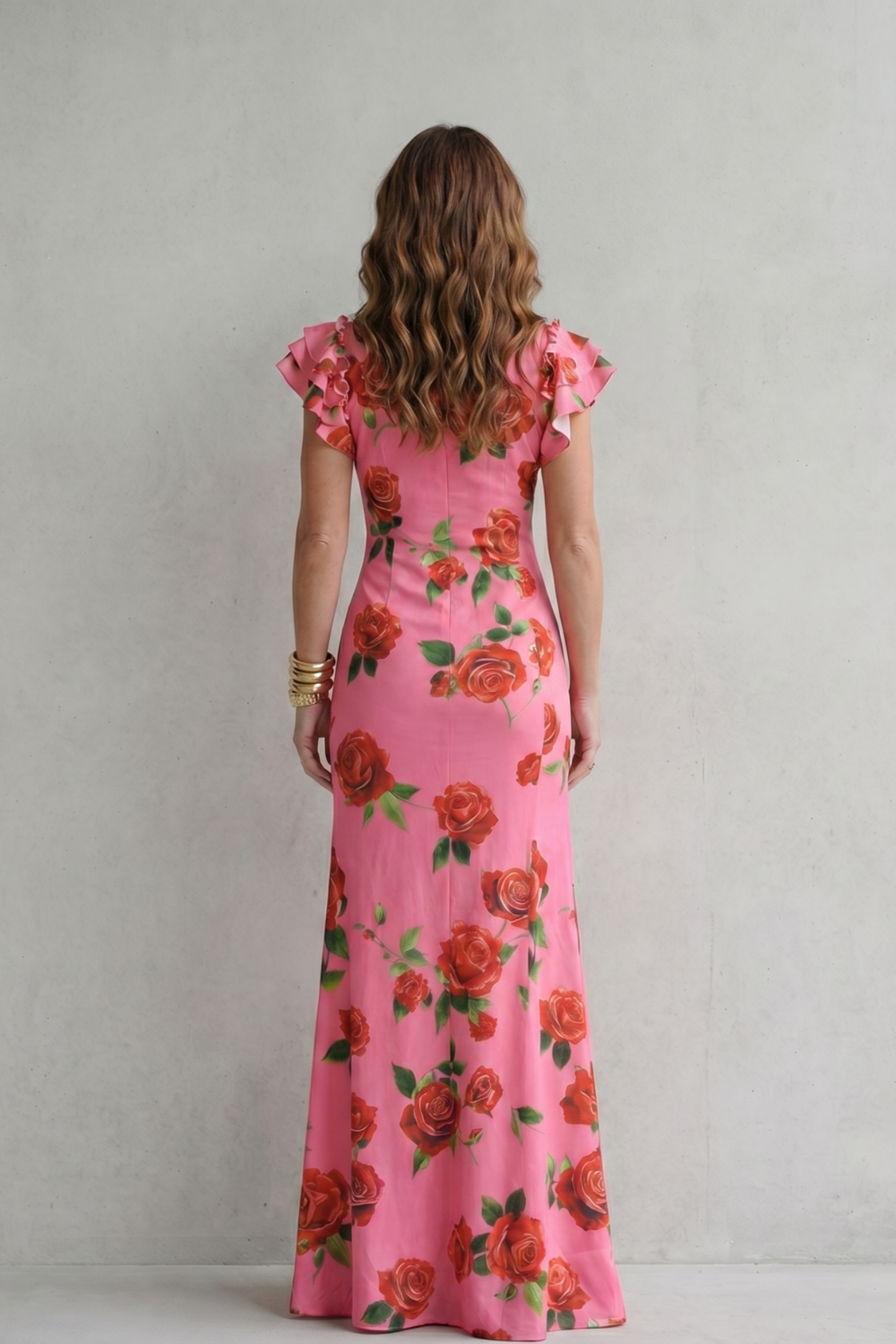 Portia | Maxi Dress Pink Rose Floral Print Mandarin Collar for Women