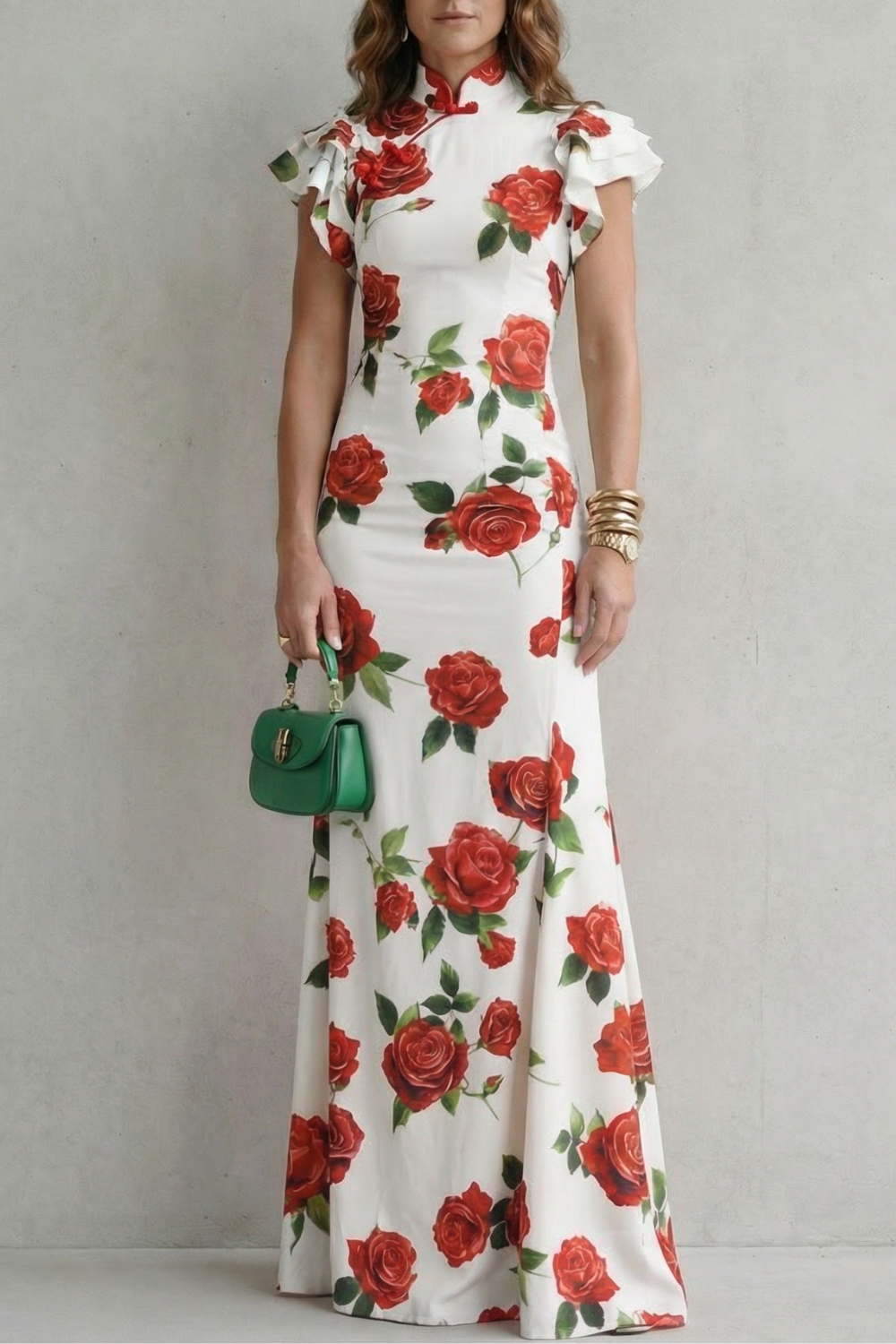 Portia | Maxi Dress Pink Rose Floral Print Mandarin Collar for Women