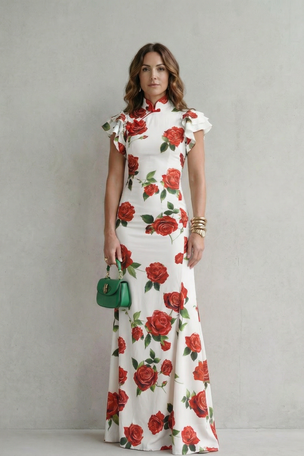 Portia | Maxi Dress Pink Rose Floral Print Mandarin Collar for Women