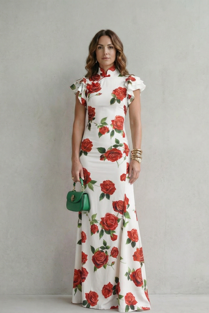 Portia | Maxi Dress Pink Rose Floral Print Mandarin Collar for Women