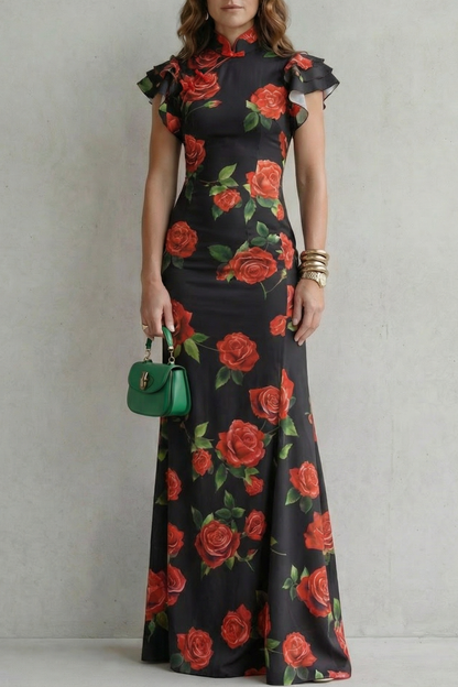 Portia | Maxi Dress Pink Rose Floral Print Mandarin Collar for Women