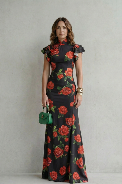 Portia | Maxi Dress Pink Rose Floral Print Mandarin Collar for Women