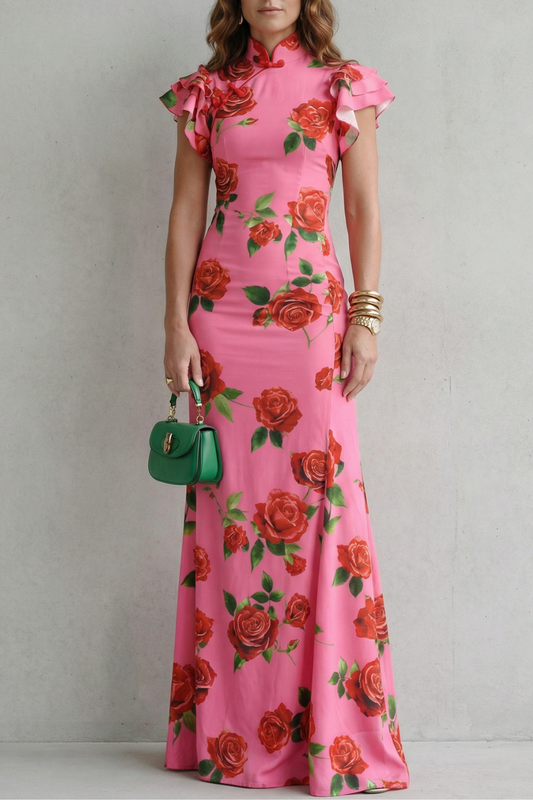 Portia | Maxi Dress Pink Rose Floral Print Mandarin Collar for Women