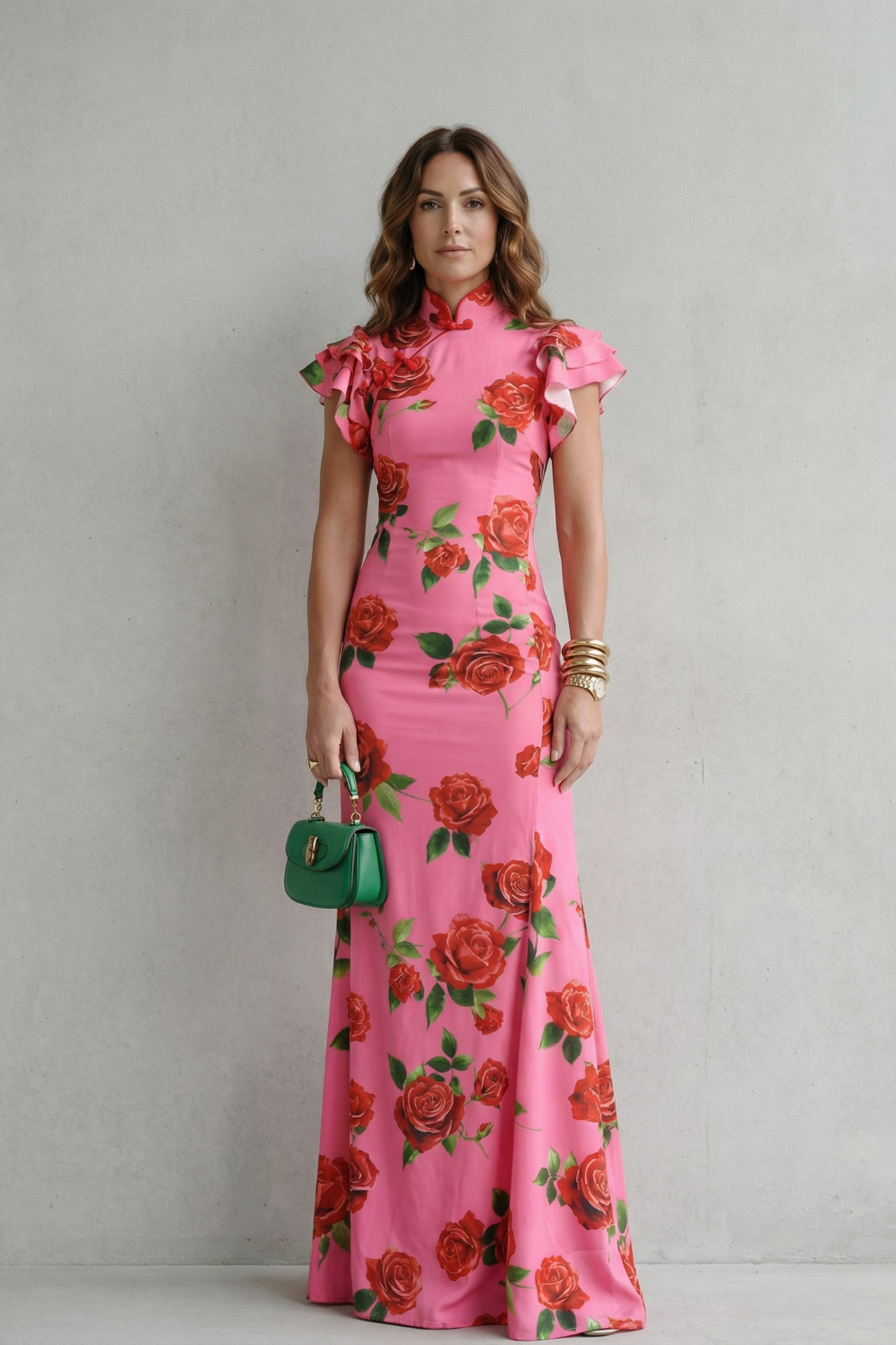 Portia | Maxi Dress Pink Rose Floral Print Mandarin Collar for Women