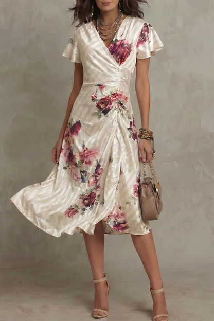 Elspeth | Midi Dress Ivory Floral Satin Flutter Sleeve V-Neck for Women
