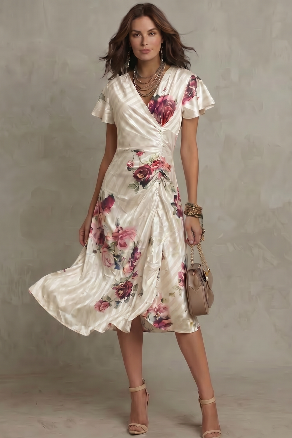 Elspeth | Midi Dress Ivory Floral Satin Flutter Sleeve V-Neck for Women
