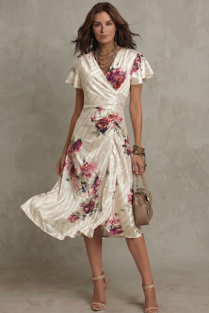 Elspeth | Midi Dress Ivory Floral Satin Flutter Sleeve V-Neck for Women