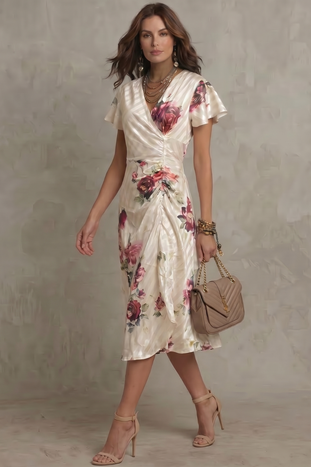 Elspeth | Midi Dress Ivory Floral Satin Flutter Sleeve V-Neck for Women