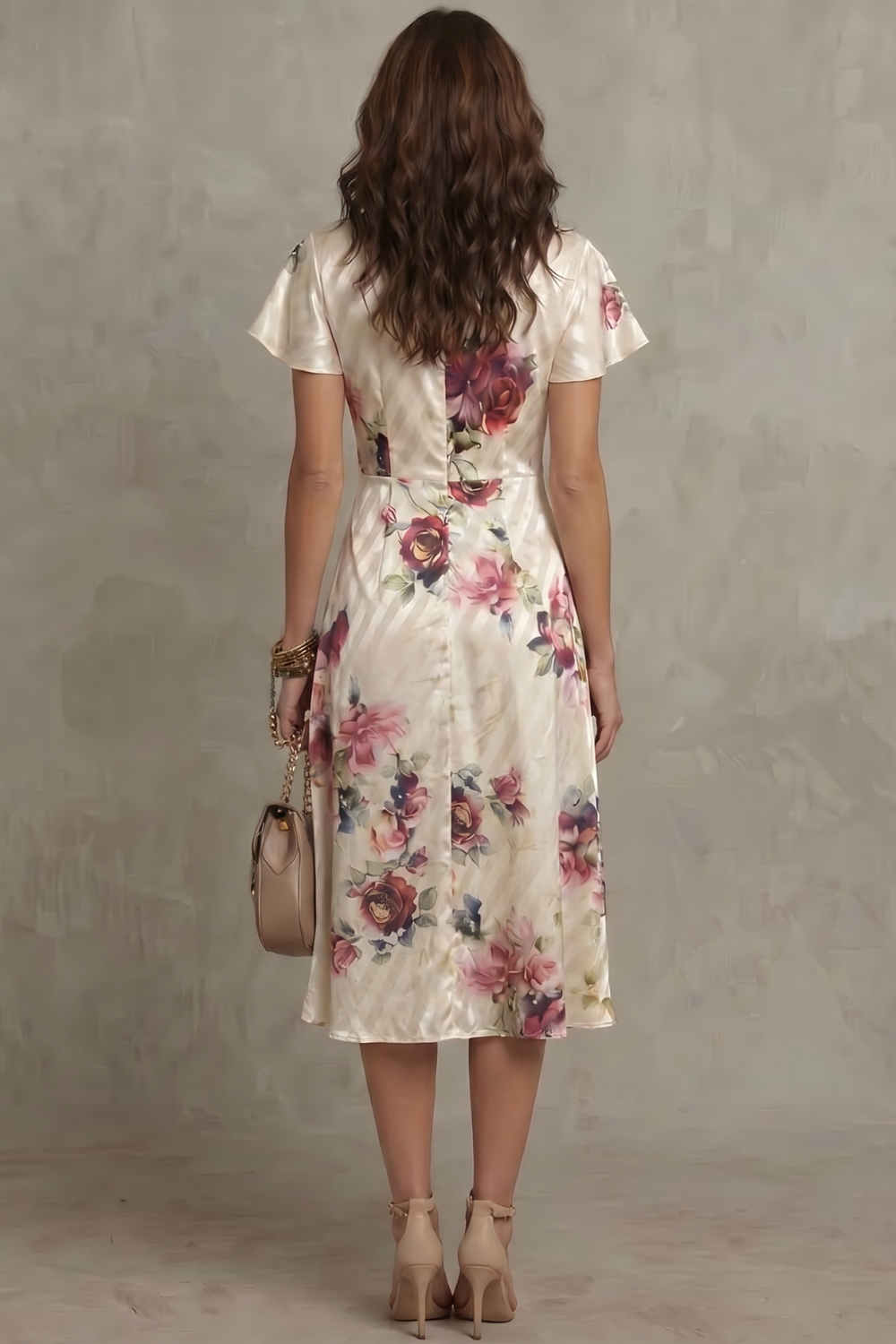Elspeth | Midi Dress Ivory Floral Satin Flutter Sleeve V-Neck for Women