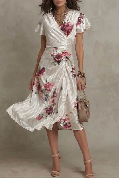 Elspeth | Midi Dress Ivory Floral Satin Flutter Sleeve V-Neck for Women