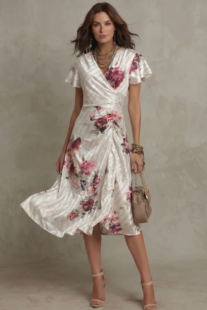 Elspeth | Midi Dress Ivory Floral Satin Flutter Sleeve V-Neck for Women