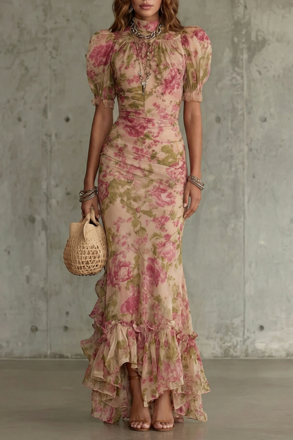 Rosalynn | Maxi Dress Pink Floral Mesh Puff Sleeve Ruched for Women