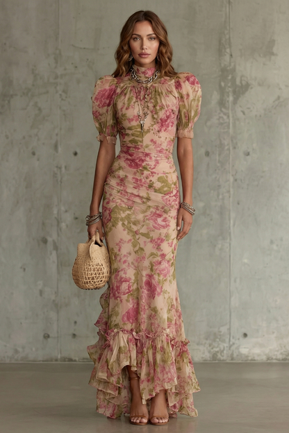 Rosalynn | Maxi Dress Pink Floral Mesh Puff Sleeve Ruched for Women