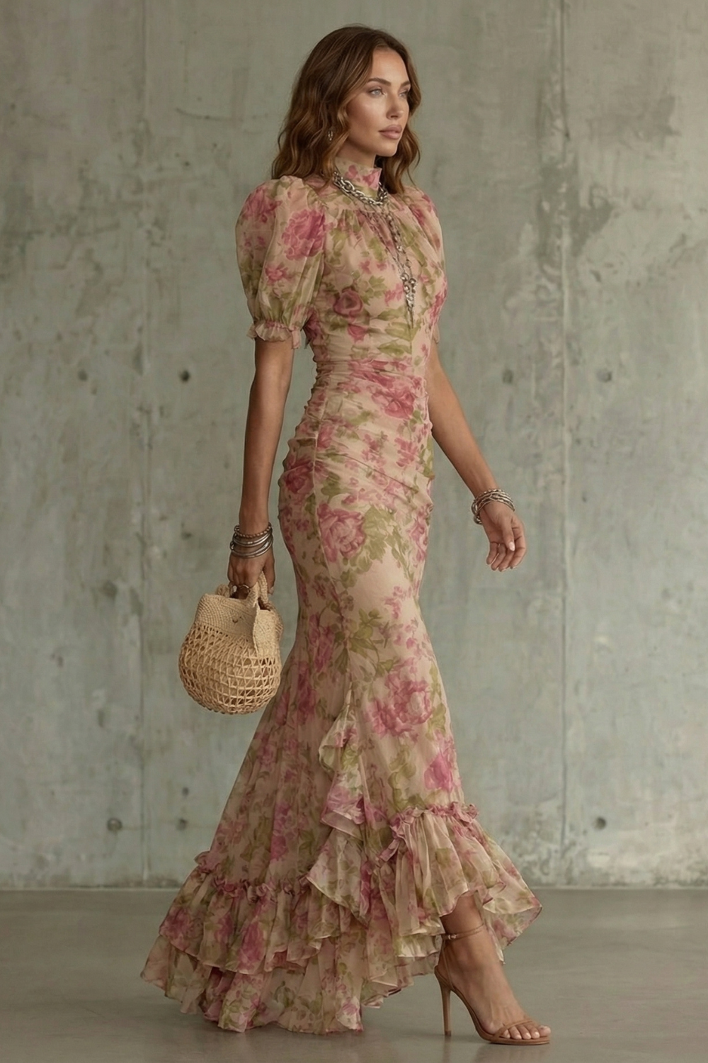 Rosalynn | Maxi Dress Pink Floral Mesh Puff Sleeve Ruched for Women