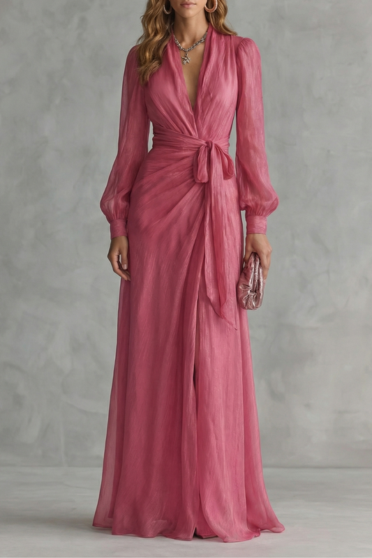 Rosalind | Maxi Wrap Dress Rose Pink Chiffon Deep V-Neck for Women
